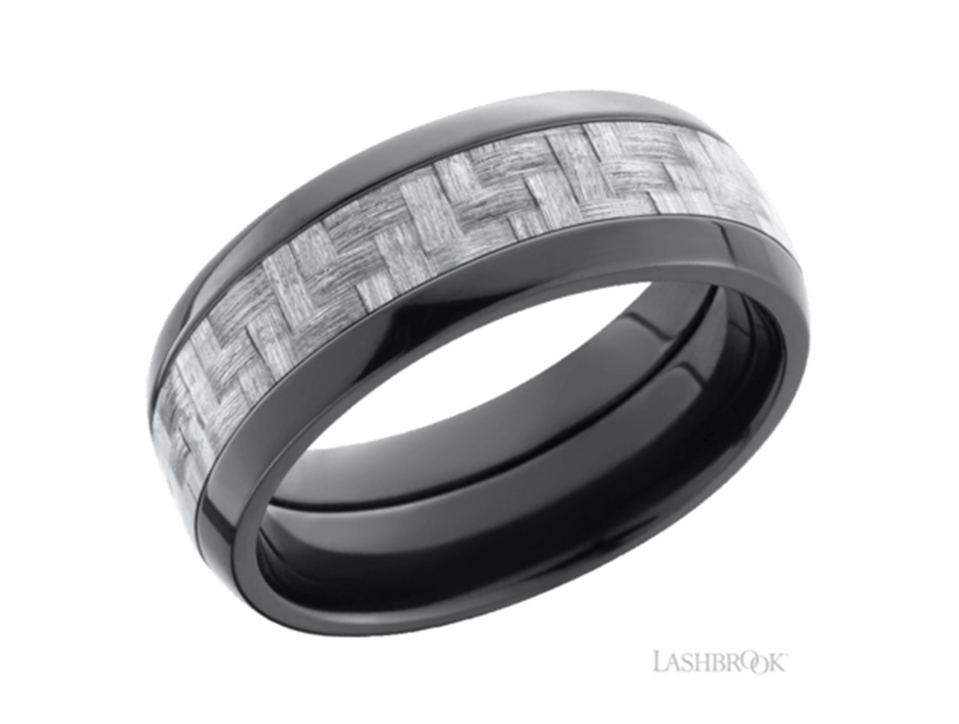 8mm Black Zirconium and Silver Carbon Fiber Wedding Band