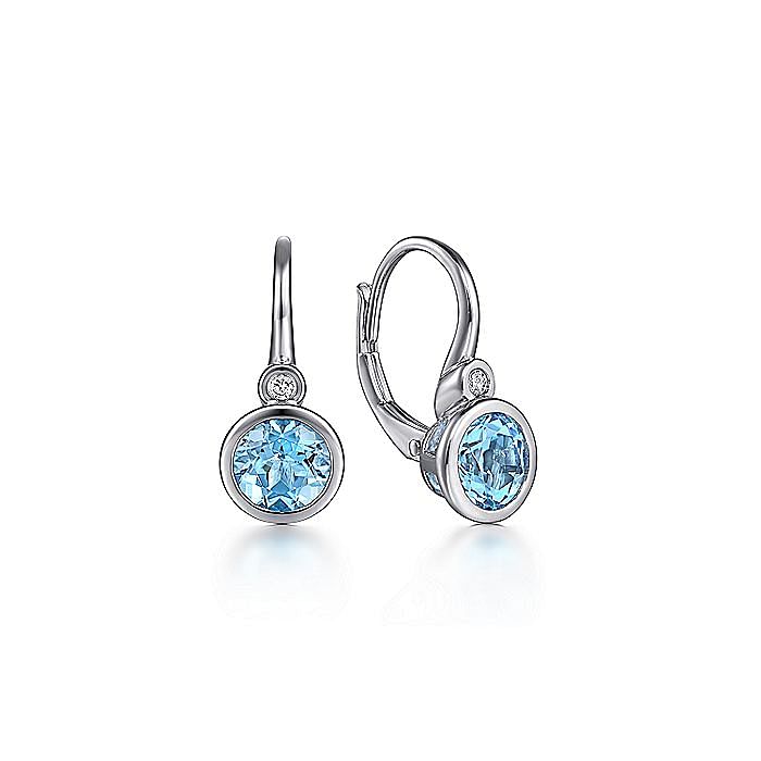 Gabriel Sterling Silver 2.00ctw Drop Bezel Style Round Blue Topaz and Diamond Earrings