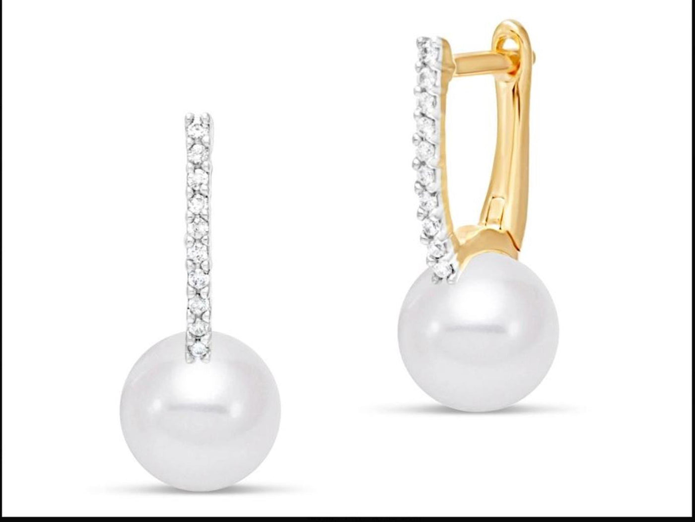 14K Yellow Gold .10ctw Huggie Dangle Style Earrings Featuring Freshwater Pearls and Diamonds