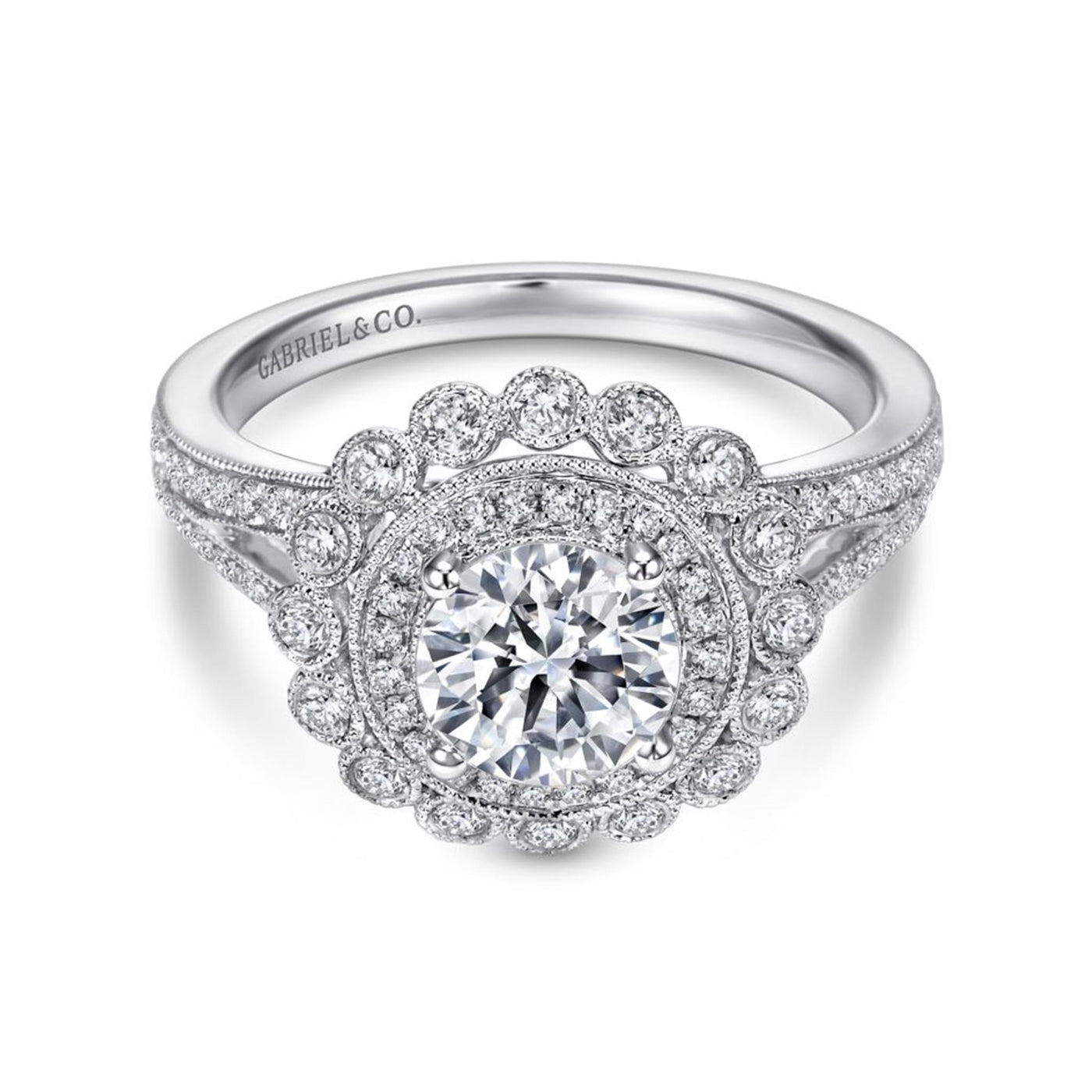 Gabriel 14K White Gold .52ctw Round Halo Style Diamond Semi-Mount Engagement Ring