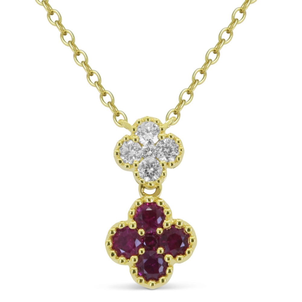 18K Yellow Gold .47ctw Floral Cluster Style Ruby Necklace