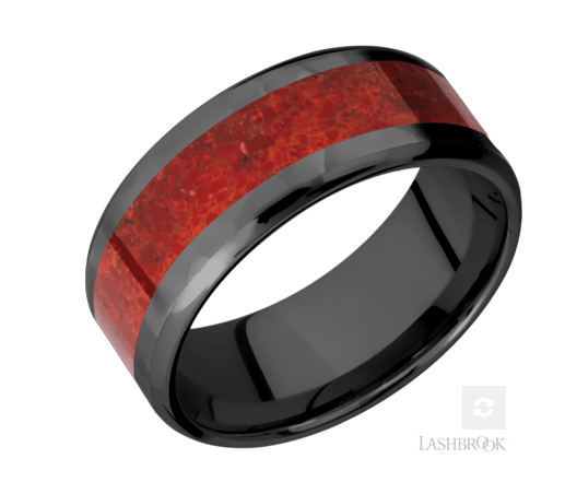 9mm Black Zirconium and Coral Gem Mosaic Wedding Band