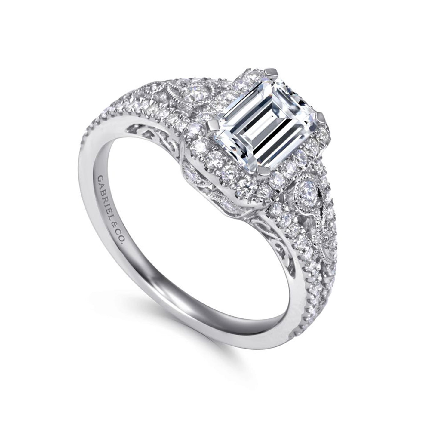 Gabriel 14K White Gold .49ctw Emerald Cut Halo Style Diamond Semi-Mount Engagement Ring
