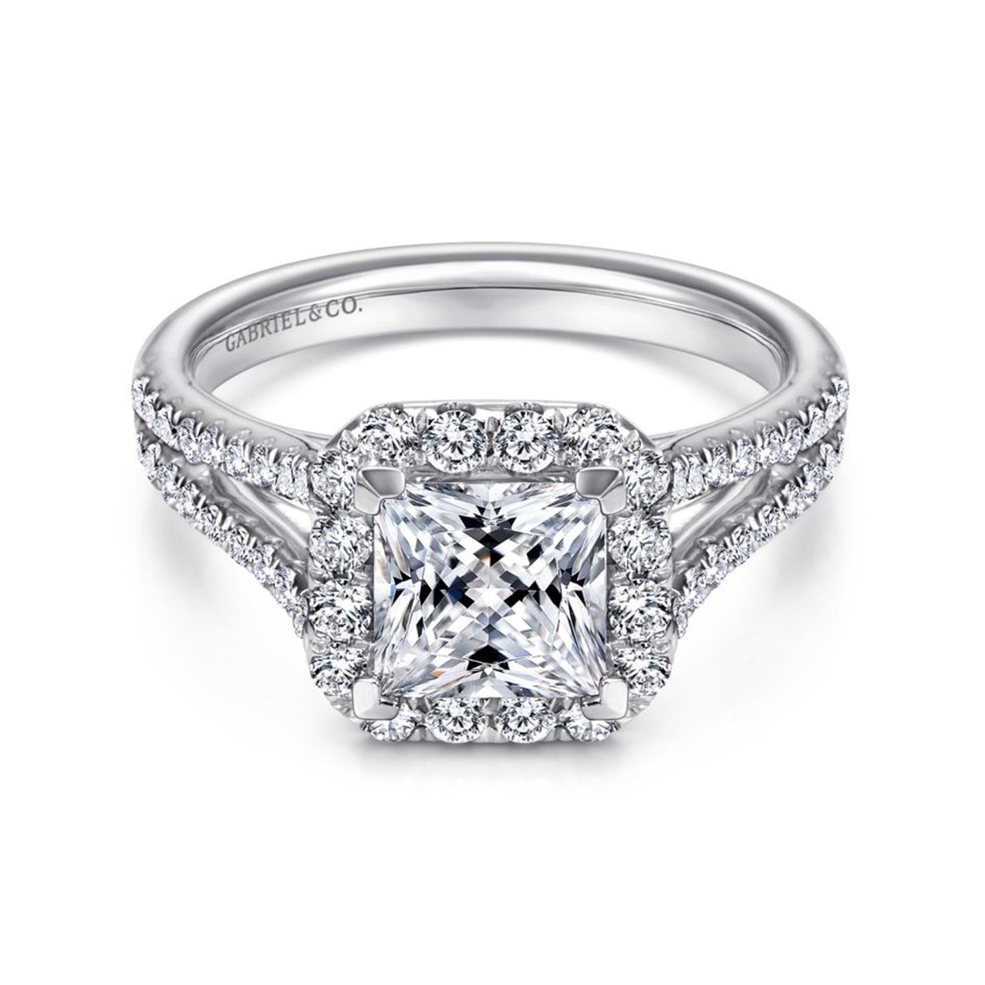 Gabriel 14K White Gold .52ctw Cushion Halo Style Diamond Semi-Mount Engagement Ring