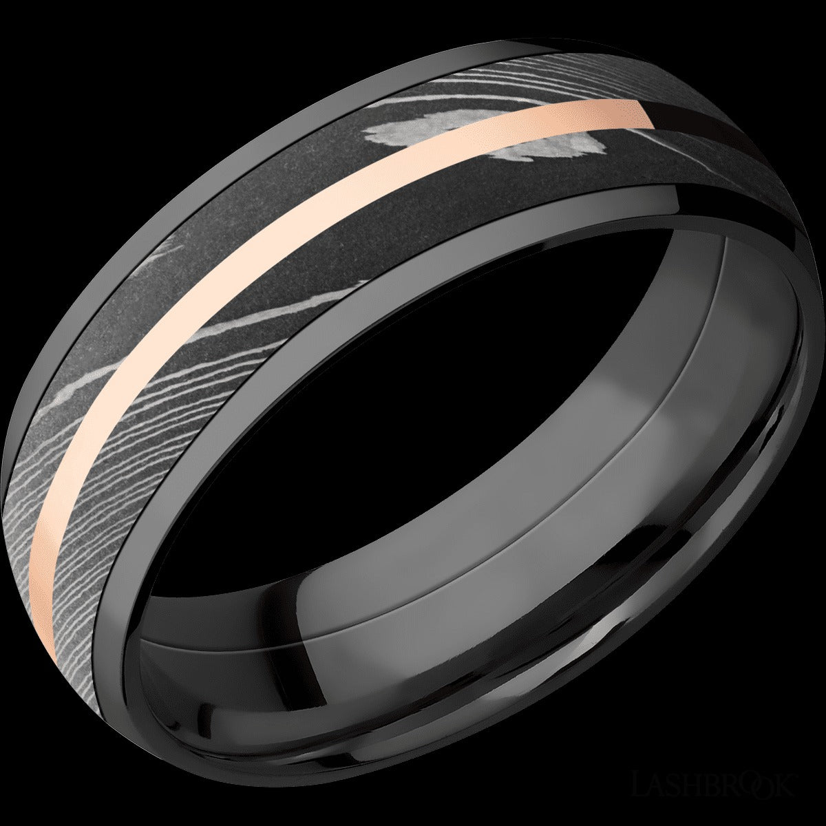 7mm Black Zirconium and Damascus Steel and Rose Gold Wedding Band