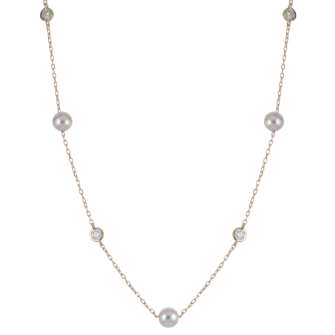 14K Yellow Gold 18" Adjustable .40ctw Akoya Cultured Pearl and Lab Diamond Station Necklace