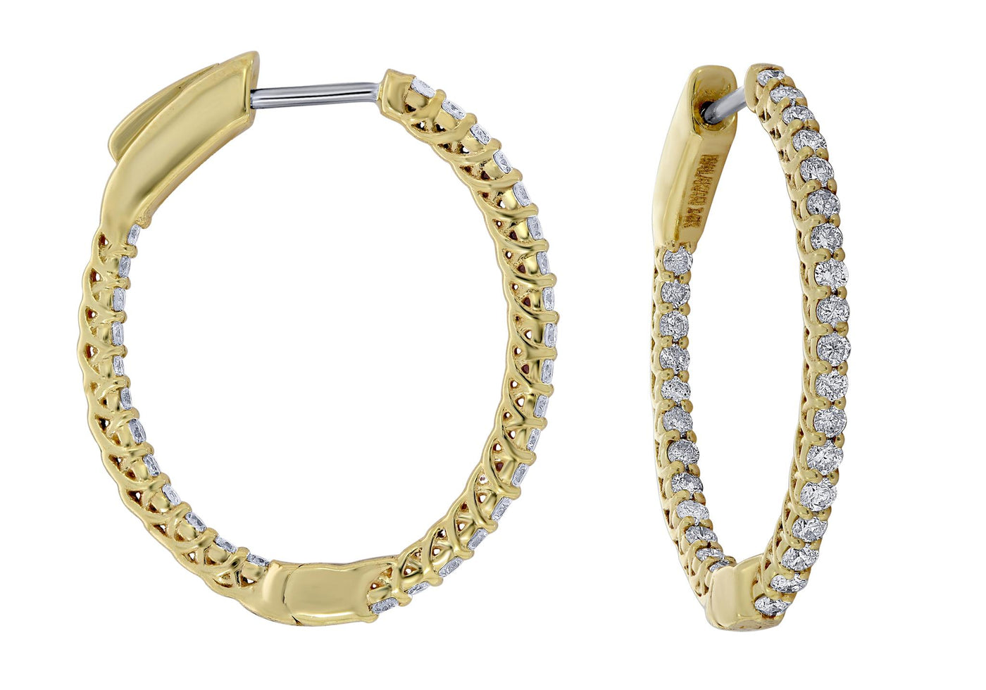 14K Yellow Gold 1.08ctw Inside Out Oval Hoop Style Diamond Earrings