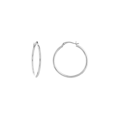 14K White Gold 2mm x 30mm Round Tube Design Round Hoop Style Earrings