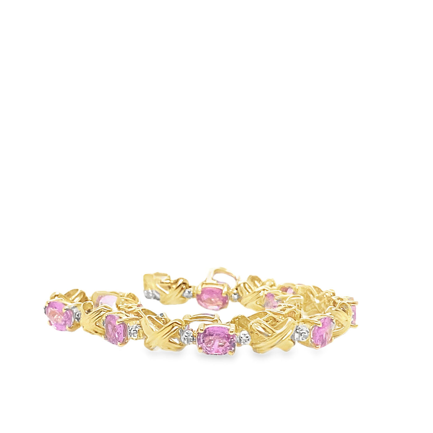 14K Yellow Gold 7" Fancy Link Style Bracelet Featuring Pink Sapphires and Diamonds