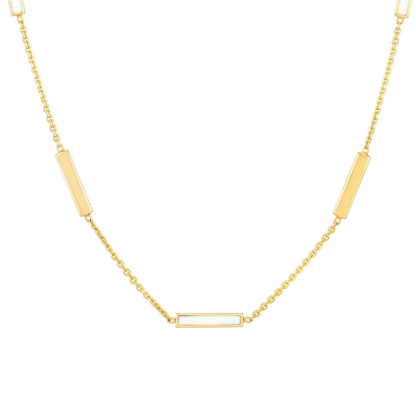 14K Yellow Gold 18" White Enamel Style Bar Necklace