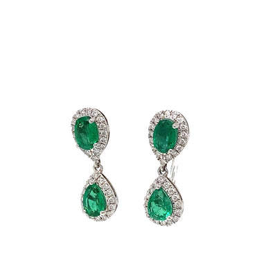 14K White Gold 3.25ctw Dangle Style Various Shapes Emeralds and Diamonds Earrings