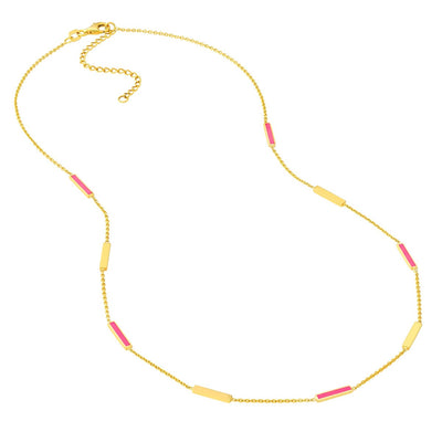 14K Yellow Gold 18" Pink Enamel Style Station Necklace