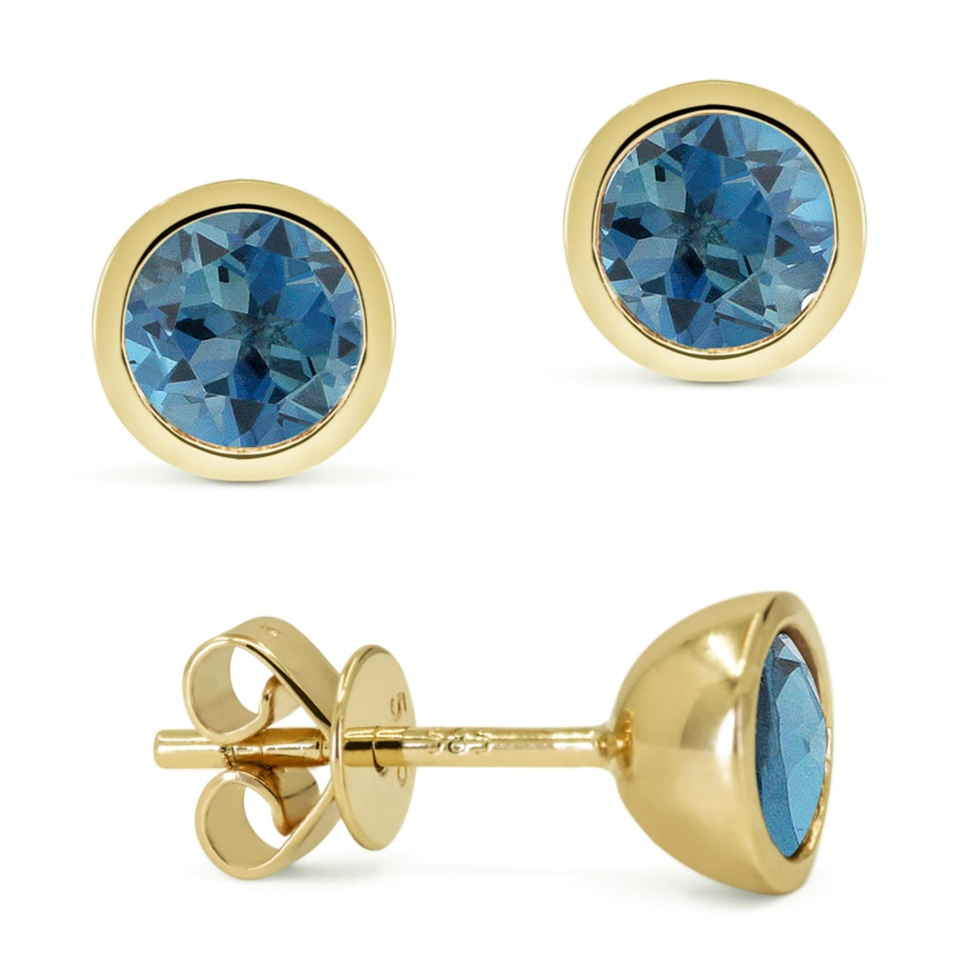 Madison L 14K Yellow Gold 1.12ctw Solitaire Bezel Style Round Blue Topaz Earrings
