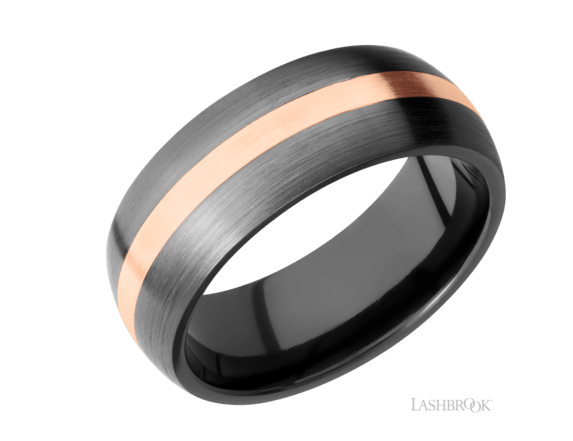 8mm Black Zirconium and 14K Rose Gold Wedding Band