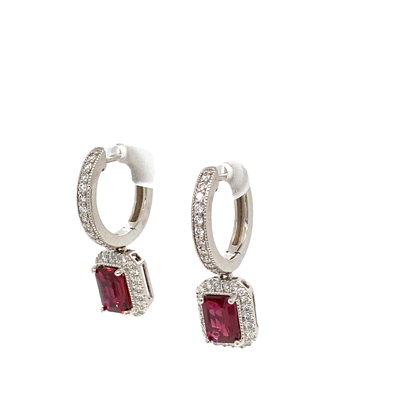 14K White Gold 2.87ctw Drop Style Emerald Cut Rubies and Diamonds Earrings