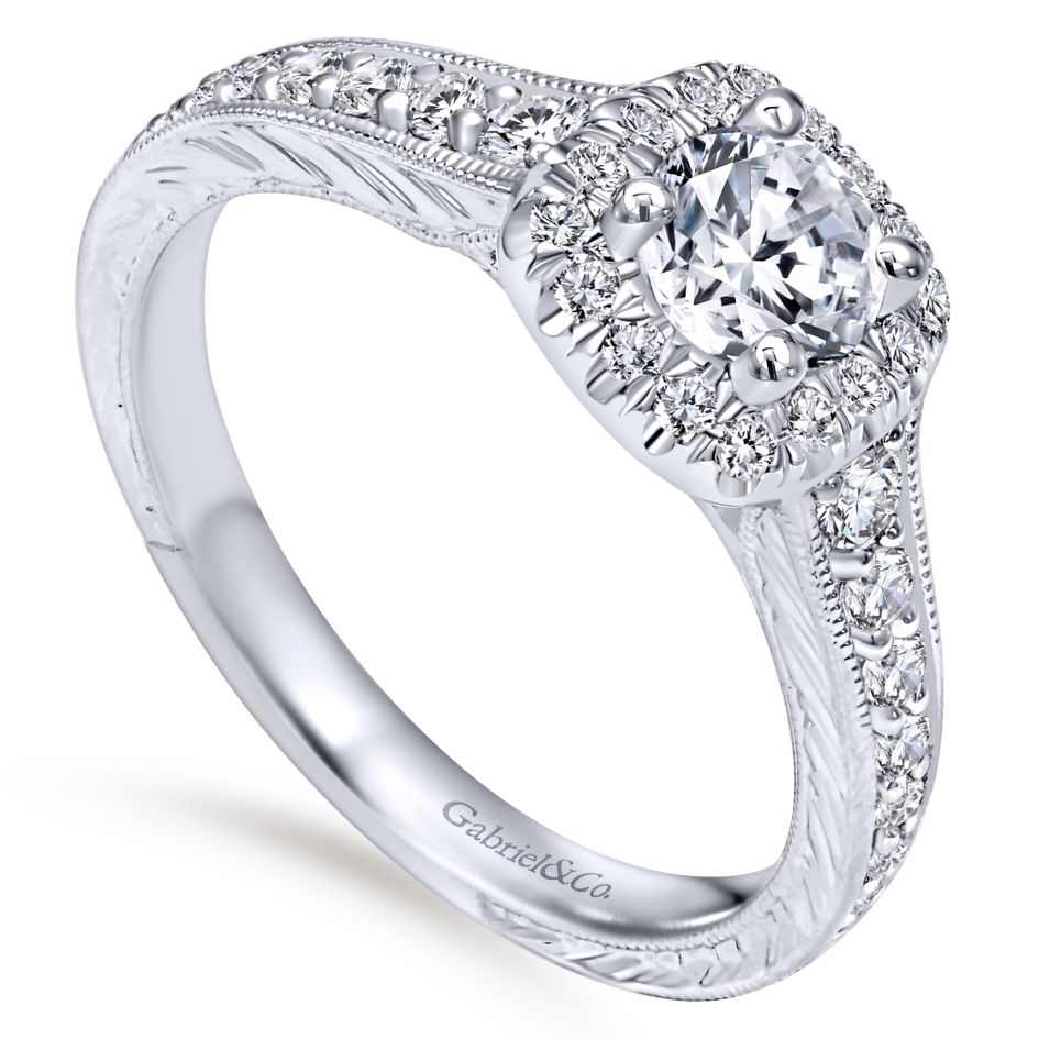 Gabriel 14K White Gold .38ctw Cushion Halo Style Diamond Semi-Mount Engagement Ring