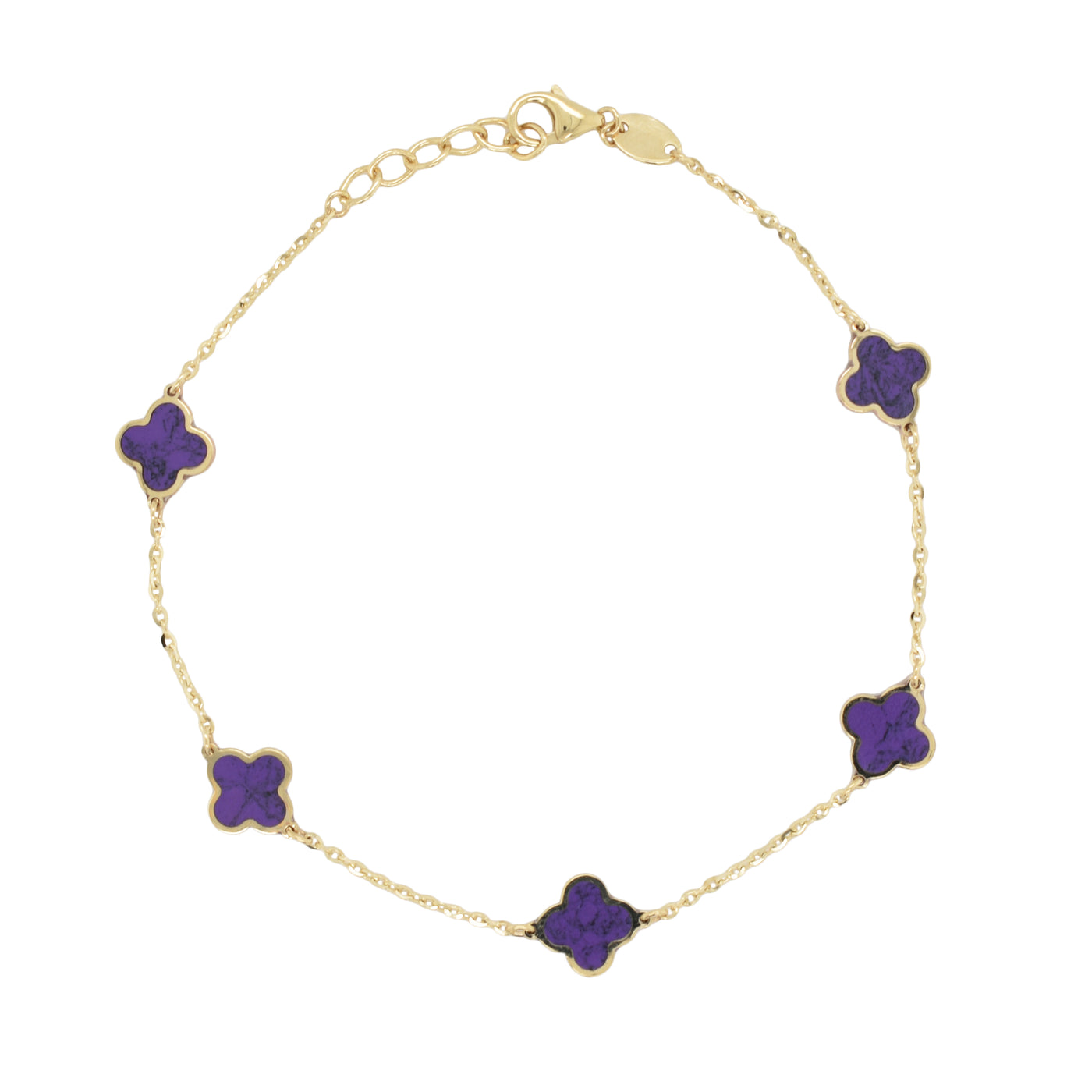 14K Yellow Gold 7" Clover Fancy Link Style Bracelet Featuring Amethyst