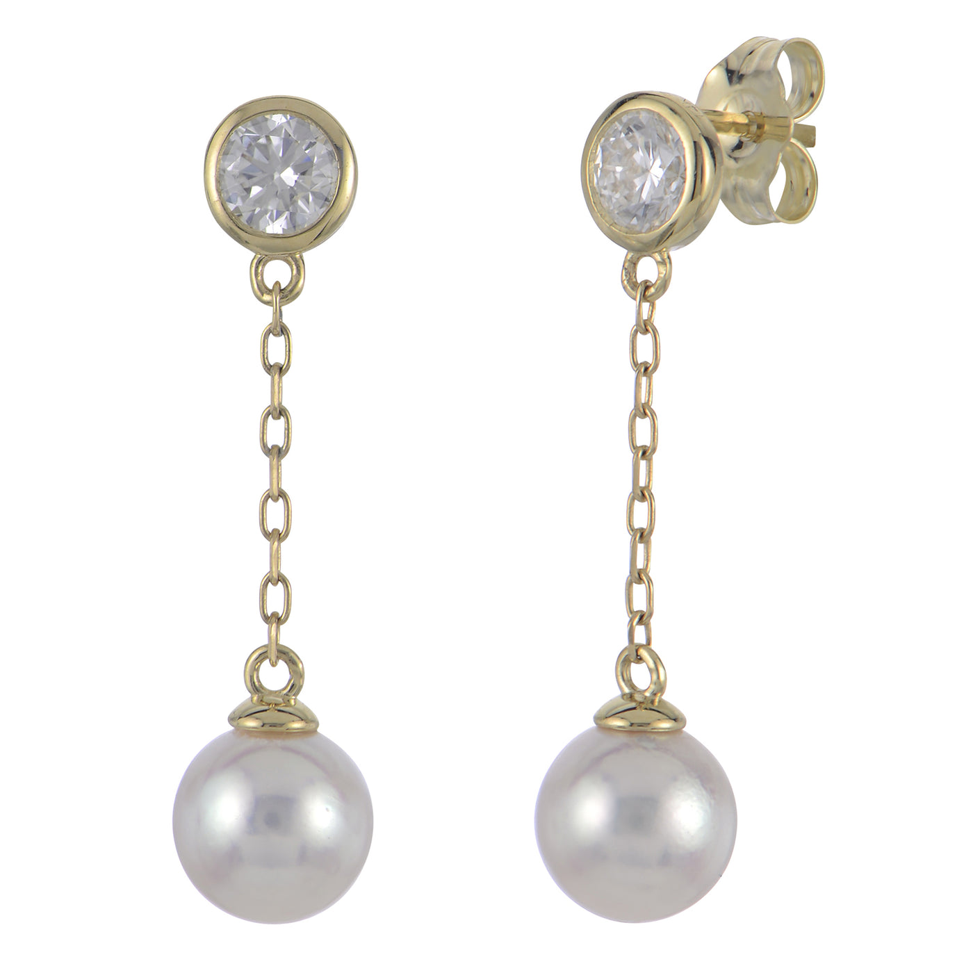14K Yellow Gold .75ctw Drop Bezel Style Earrings Featuring White Akoya Cultured Pearls and Lab Diamonds