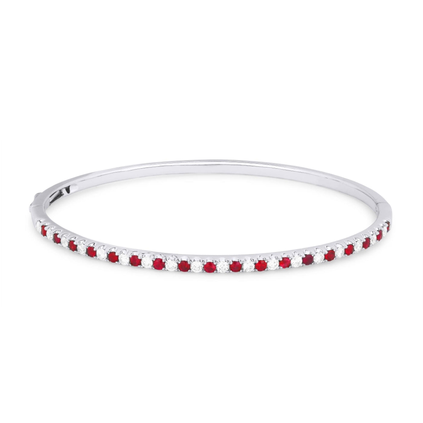 14K White Gold 6.5" Oval Bangle Style Bracelet Featuring Rubies and Diamonds