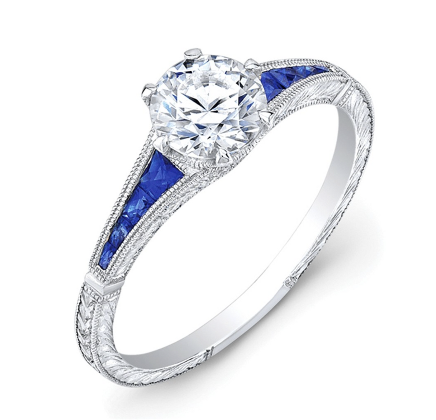 14K White Gold .98ctw 6 Prong Diamond & Sapphire Engagement Ring