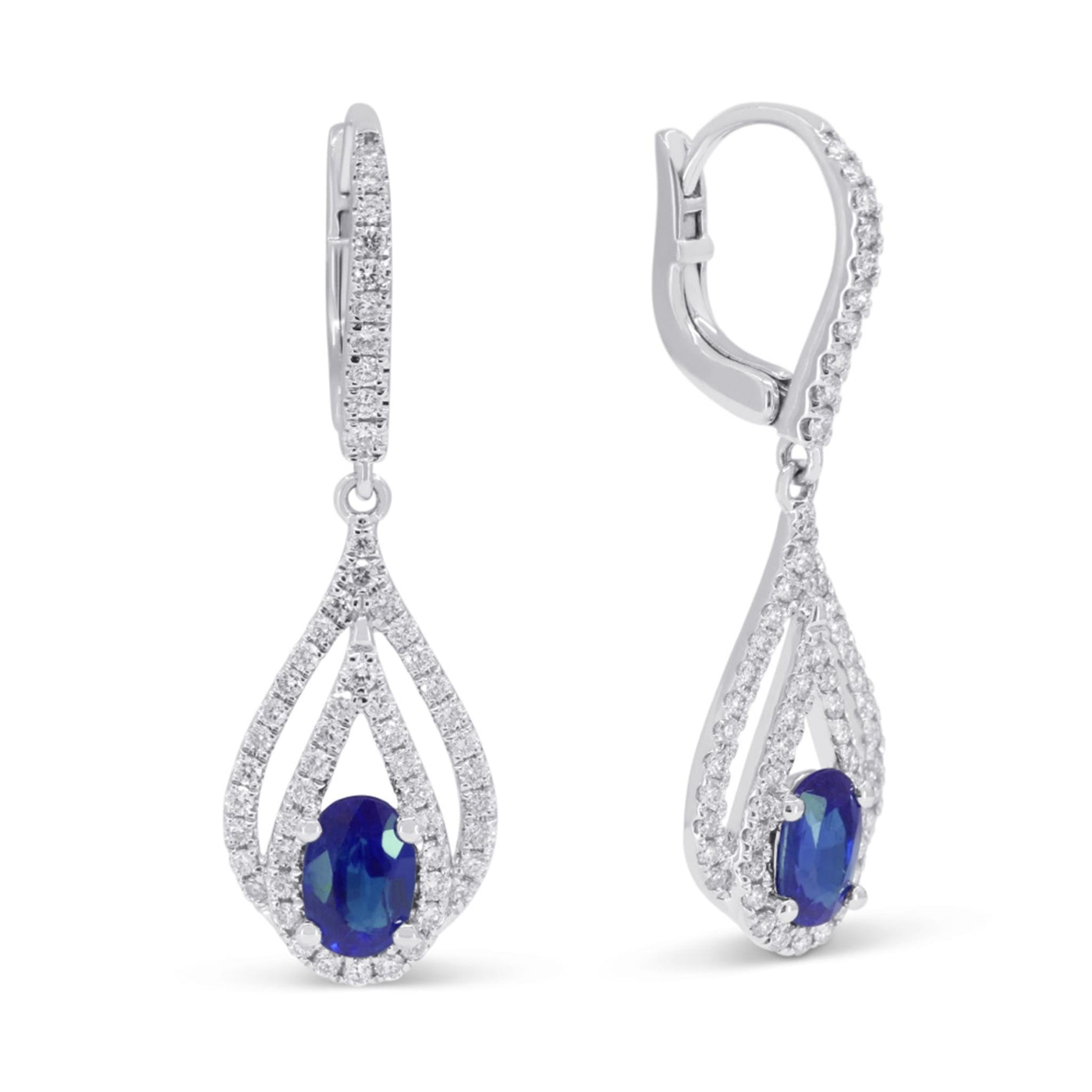 14K White Gold 1.43ctw Dangle Style Oval Sapphire and Diamond Earrings