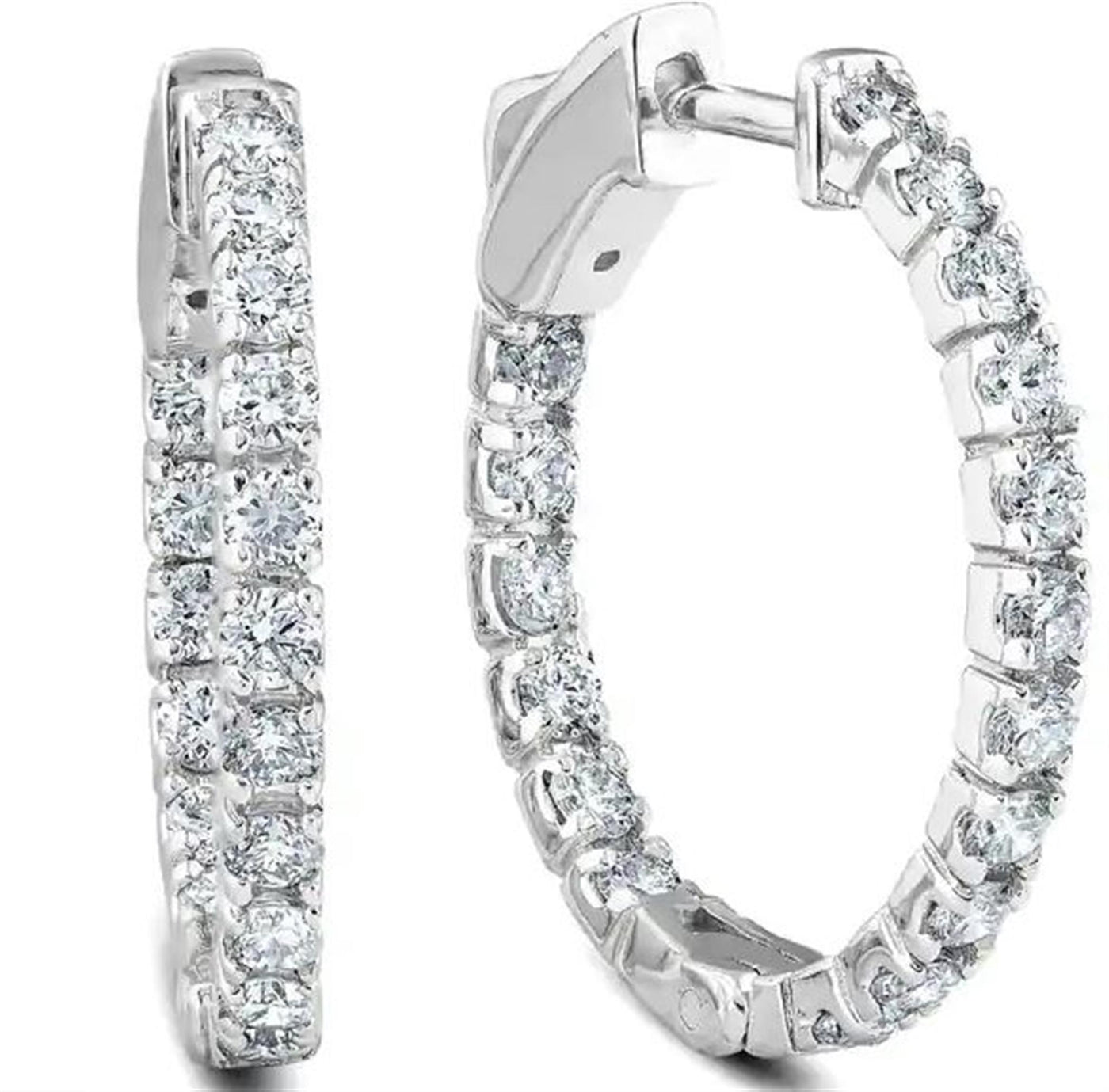 14K White Gold .76ctw Inside Out Round Hoop Style Diamond Earrings