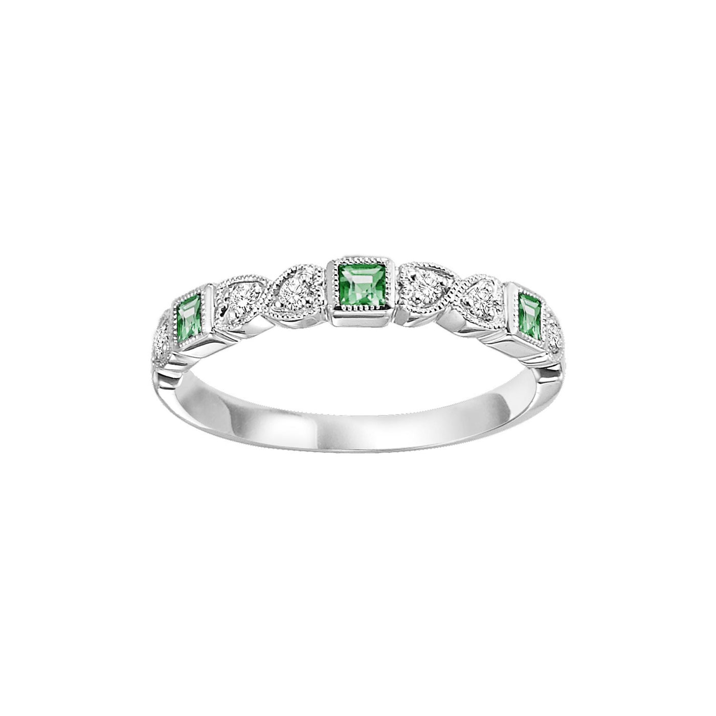 10K White Gold .23ctw Vintage Style Emerald and Diamond Ring