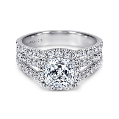 Gabriel 14K White Gold 1.01ctw Cushion Halo Style Diamond Semi-Mount Engagement Ring