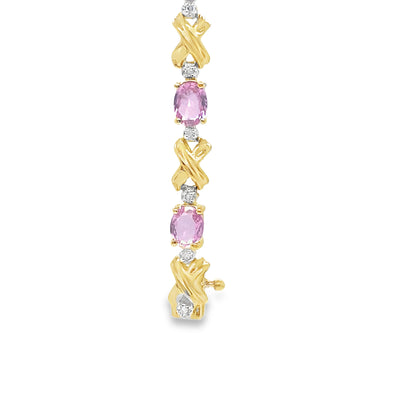 14K Yellow Gold 7" Fancy Link Style Bracelet Featuring Pink Sapphires and Diamonds