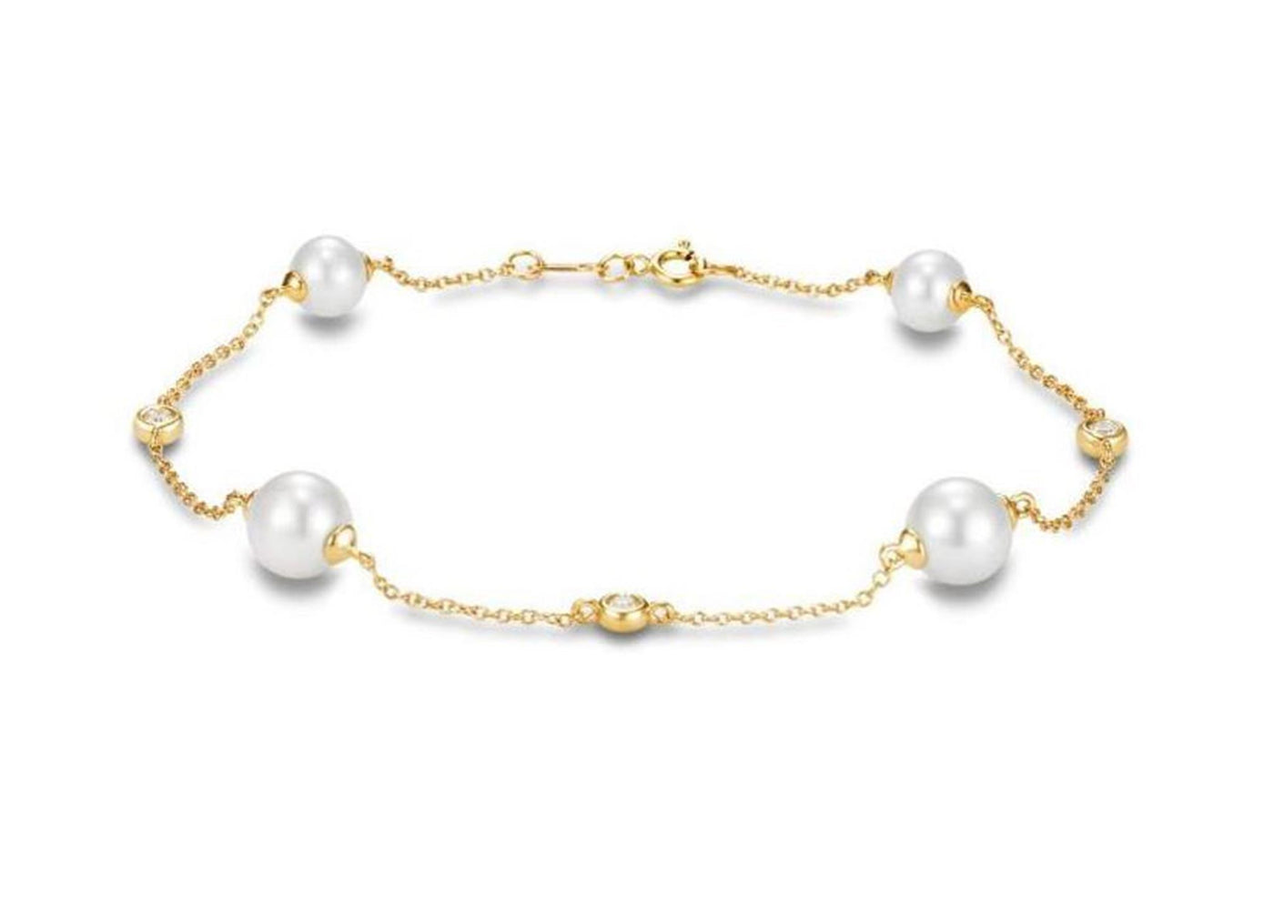 14K Yellow Gold 7.5" Freshwater Pearls and Diamond Station Bracelet.