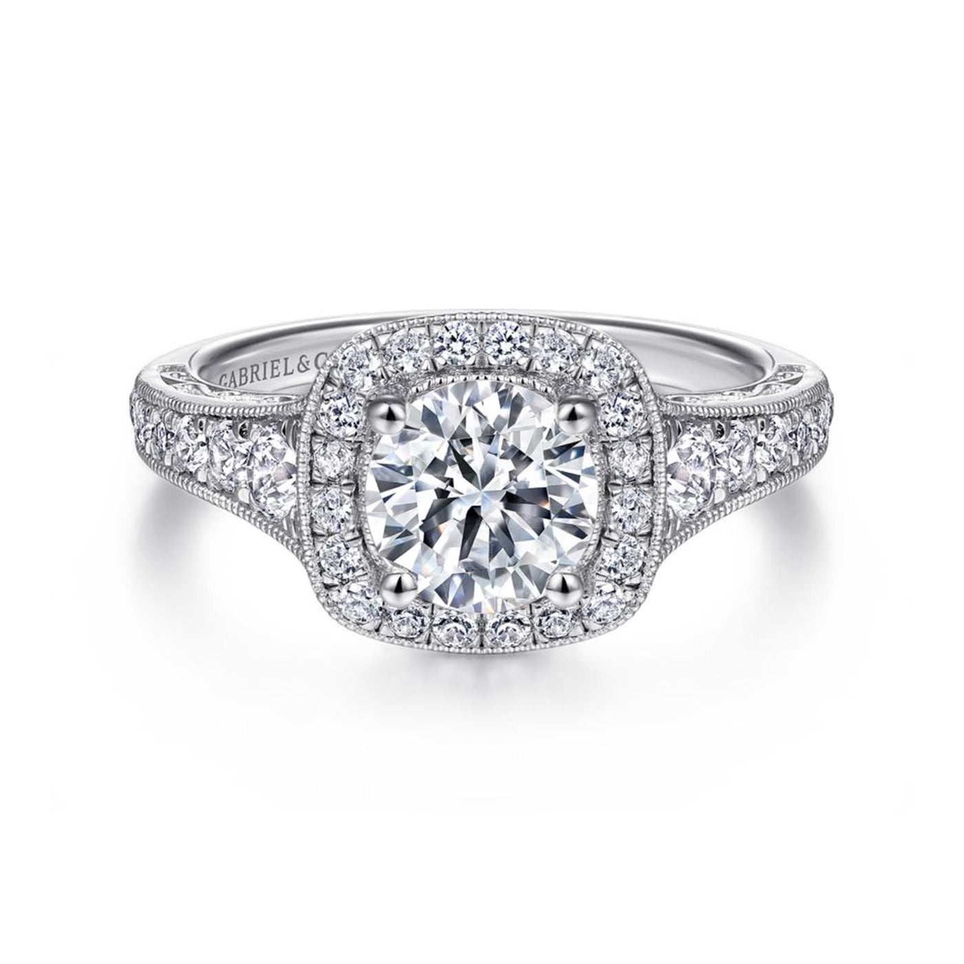Gabriel 14K White Gold .60ctw Cushion Halo Style Diamond Semi-Mount Engagement Ring