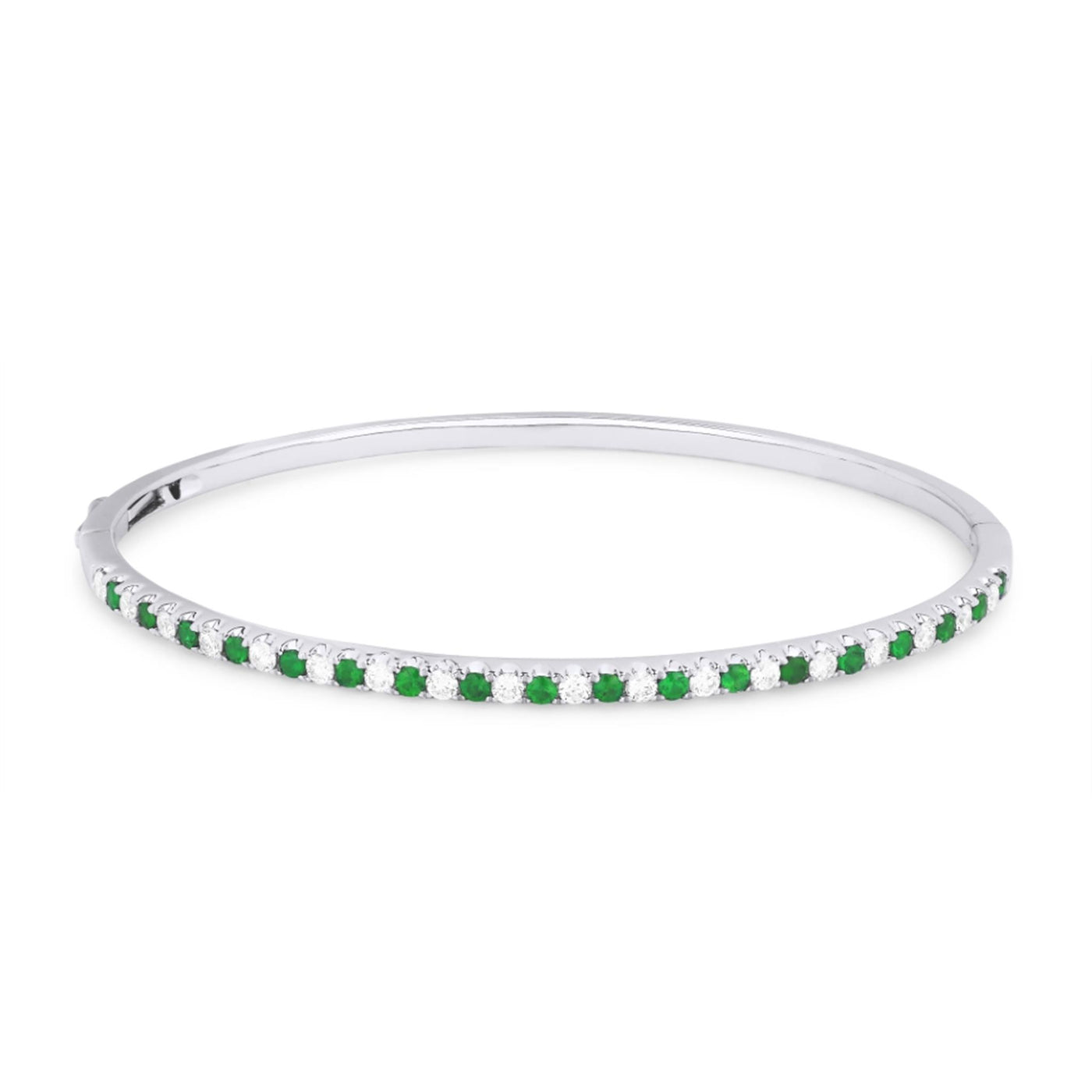 14K White Gold 6.5" Oval Bangle Style Bracelet Featuring Emeralds and Diamonds