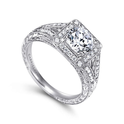Gabriel 14K White Gold .25ctw Cushion Halo Style Diamond Semi-Mount Engagement Ring