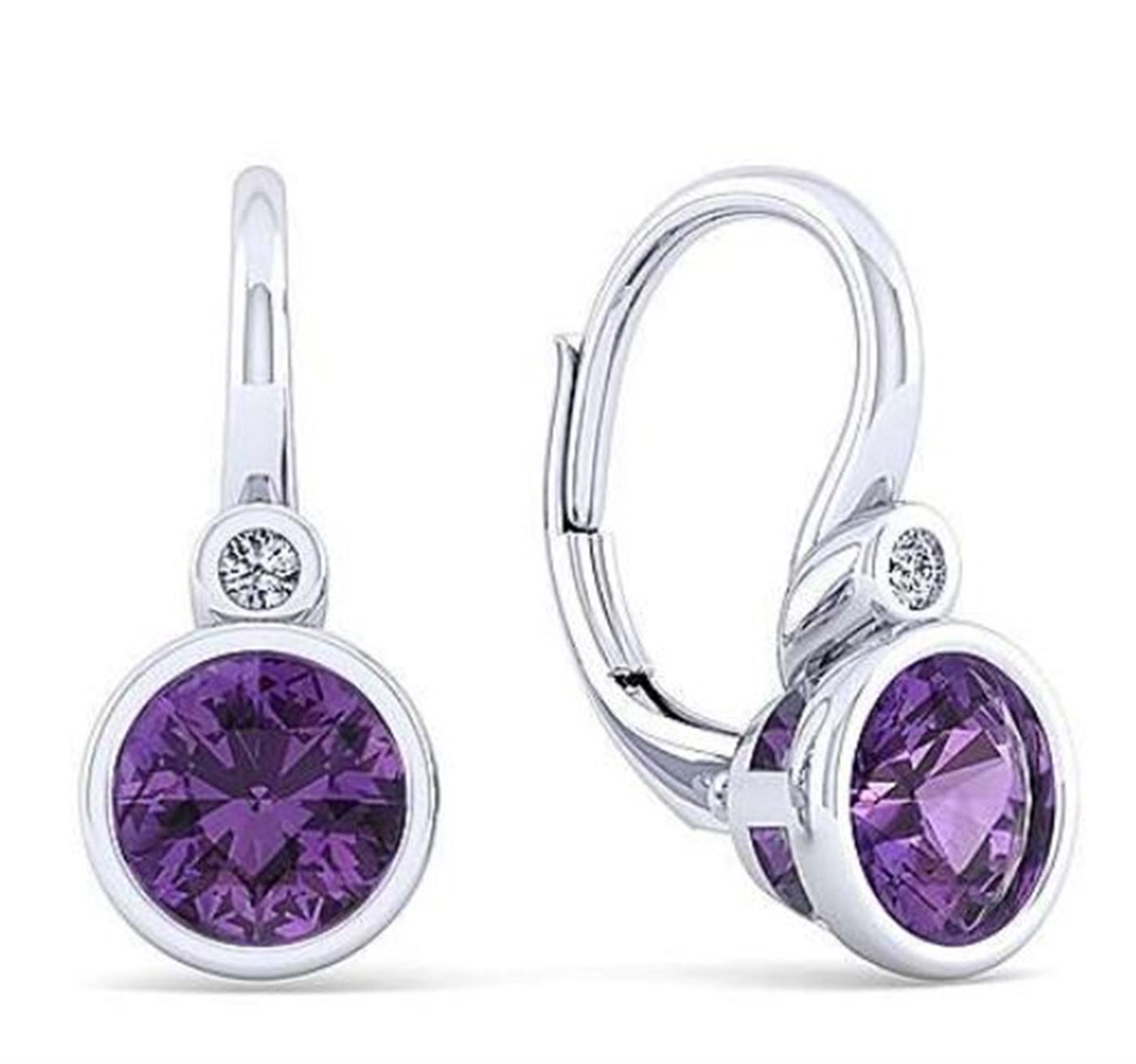 Gabriel Sterling Silver 1.57ctw Drop Bezel Style Round Amethyst and Diamond Earrings