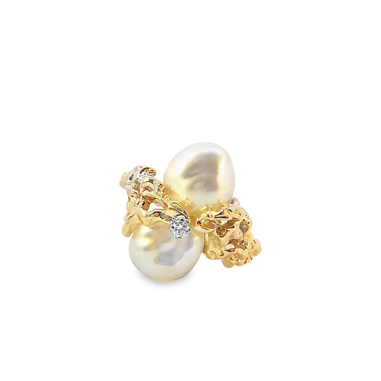 Estate 14K Yellow Gold Freshwater Pearls Contemporary Ring with Diamond