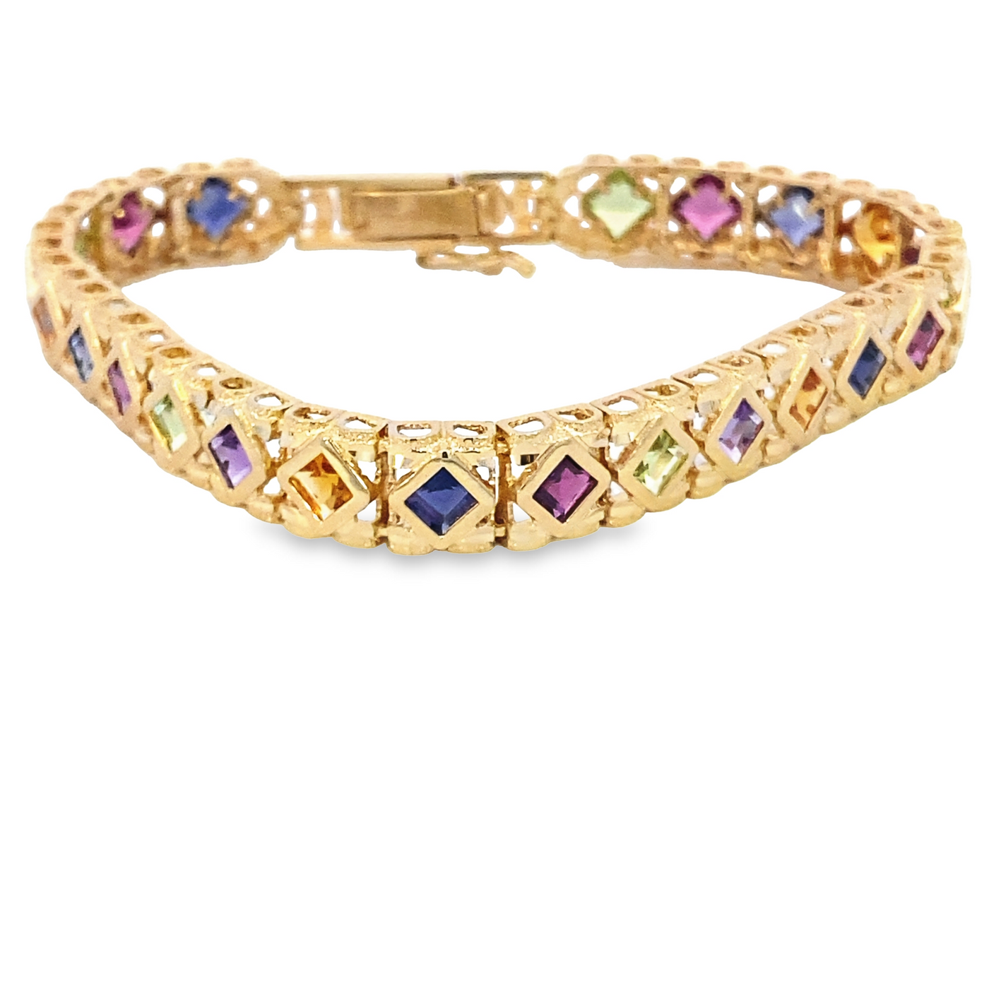 Estate 14K Yellow Gold 7.5" Fancy Link Style Bracelet Featuring Created Birthstones