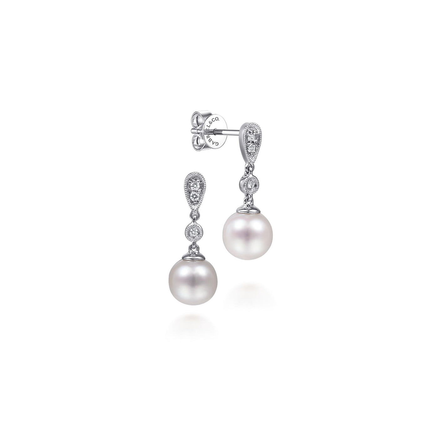 Gabriel 14K White Gold 1.18ctw Drop Style Earrings Featuring Cultured Pearls and Diamonds