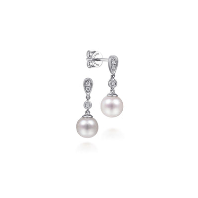 Gabriel 14K White Gold 1.18ctw Drop Style Earrings Featuring Cultured Pearls and Diamonds