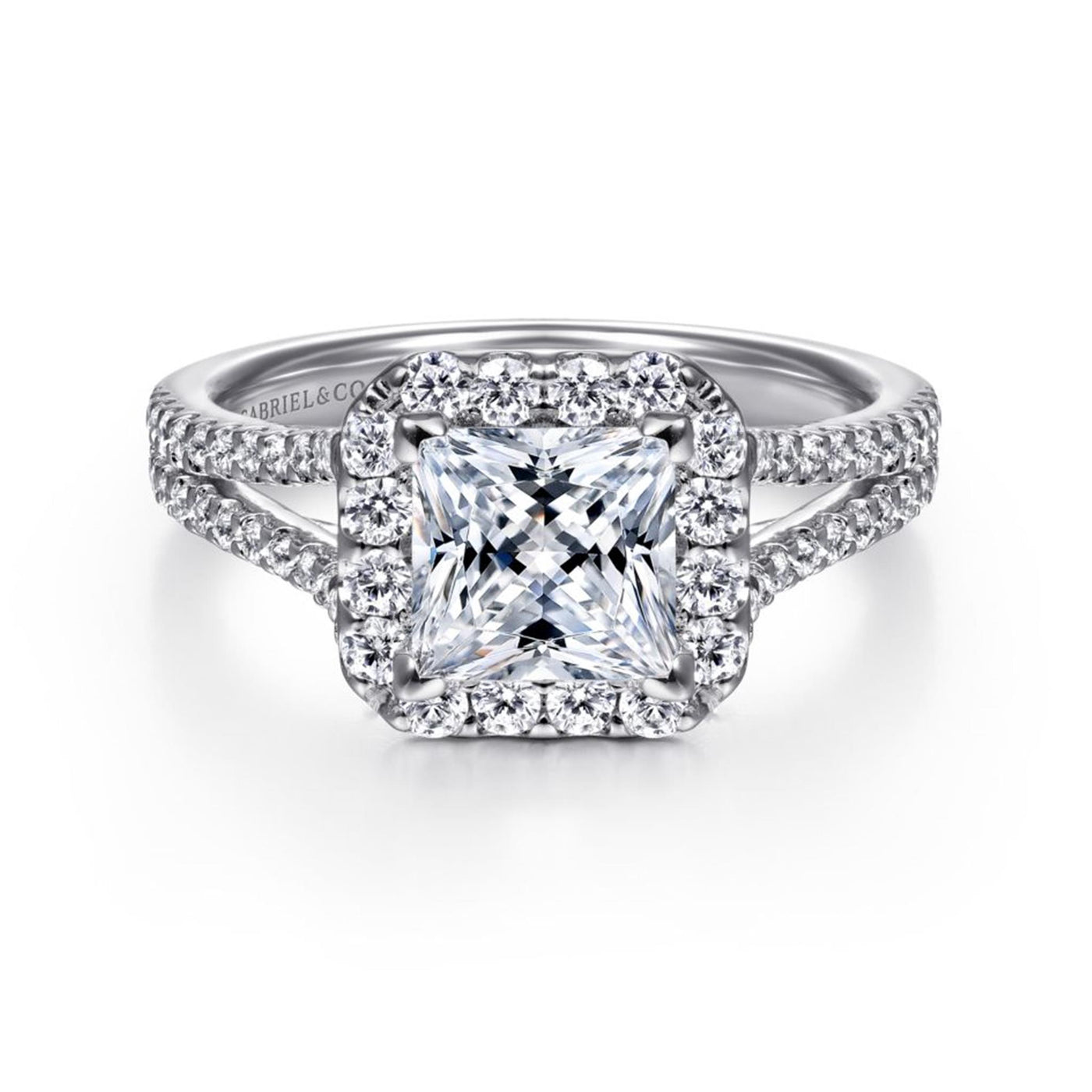 Gabriel 14K White Gold .57ctw Cushion Halo Style Diamond Semi-Mount Engagement Ring