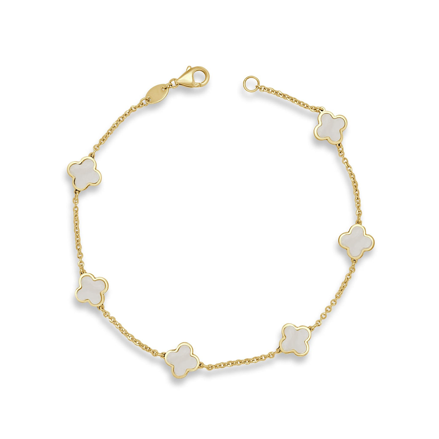 14K Yellow Gold 7" Clover Station Style Bracelet Featuring Mother Of Pearls