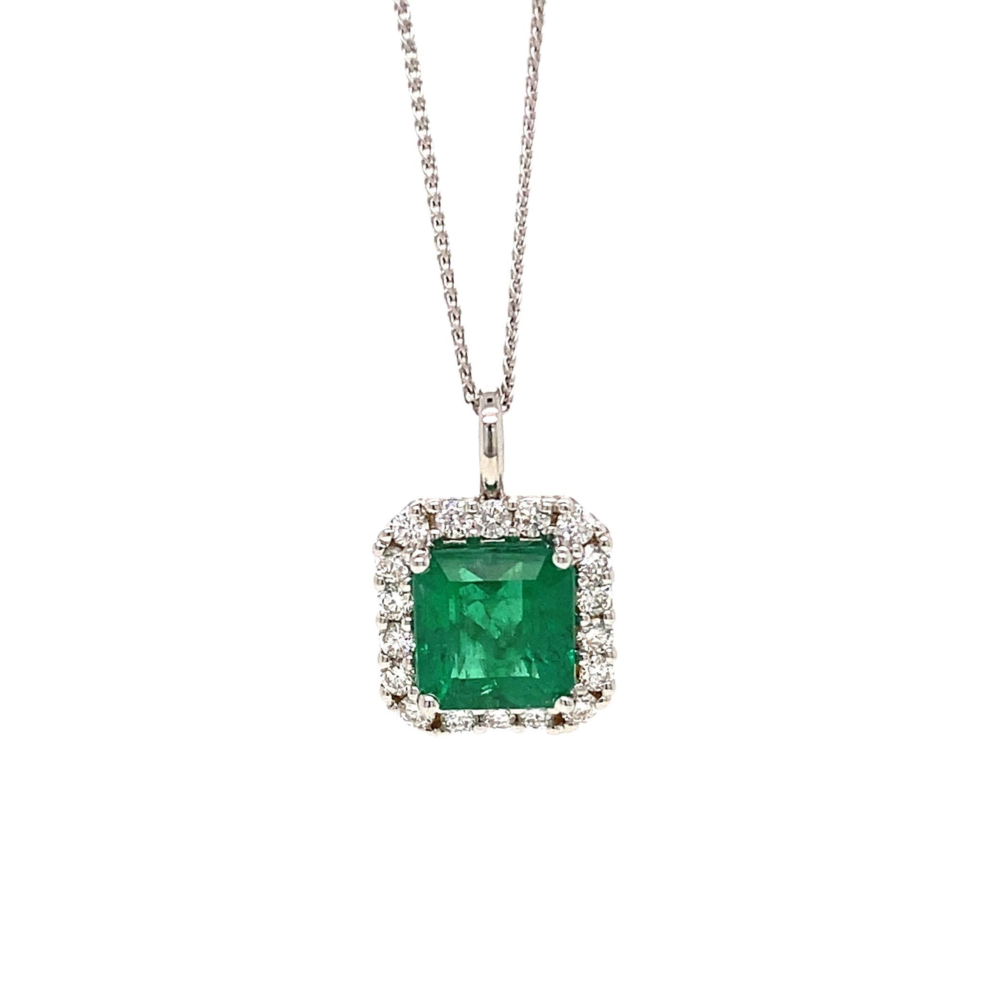 14K White Gold 2.96ctw Halo Style Emerald Necklace