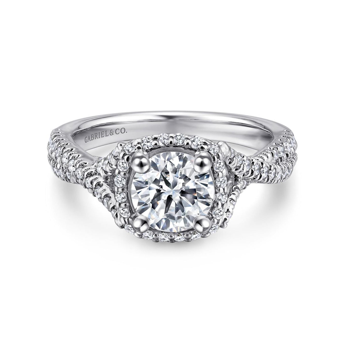 Gabriel 14K White Gold .54ctw Cushion Halo Style Diamond Semi-Mount Engagement Ring