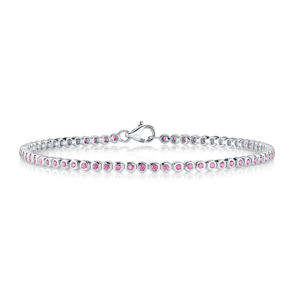 Shy Creation 14K White Gold 7" Bezel Set Tennis Style Bracelet Featuring Pink Sapphires