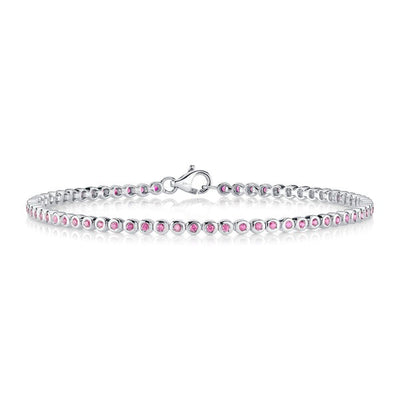 Shy Creation 14K White Gold 7" Bezel Set Tennis Style Bracelet Featuring Pink Sapphires