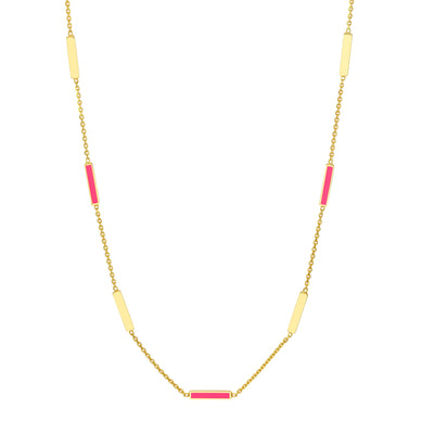 14K Yellow Gold 18" Pink Enamel Style Station Necklace