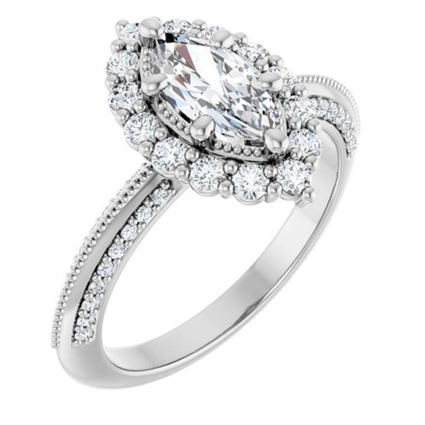 Ever & Ever 14K White Gold 0.16ctw Marquise Halo Style Diamond Semi-Mount Engagement Ring