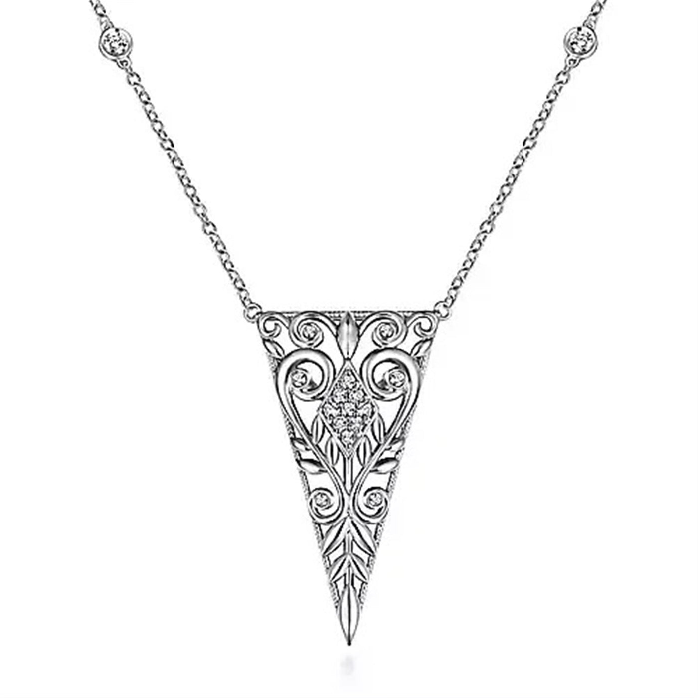 Sterling Silver .59ctw Ornamental Scrollwork Style Pendant Featuring White Sapphires