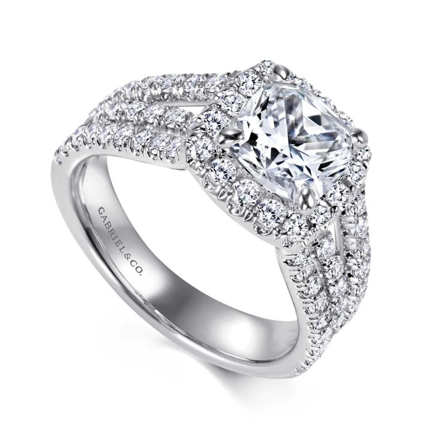 Gabriel 14K White Gold 1.01ctw Cushion Halo Style Diamond Semi-Mount Engagement Ring