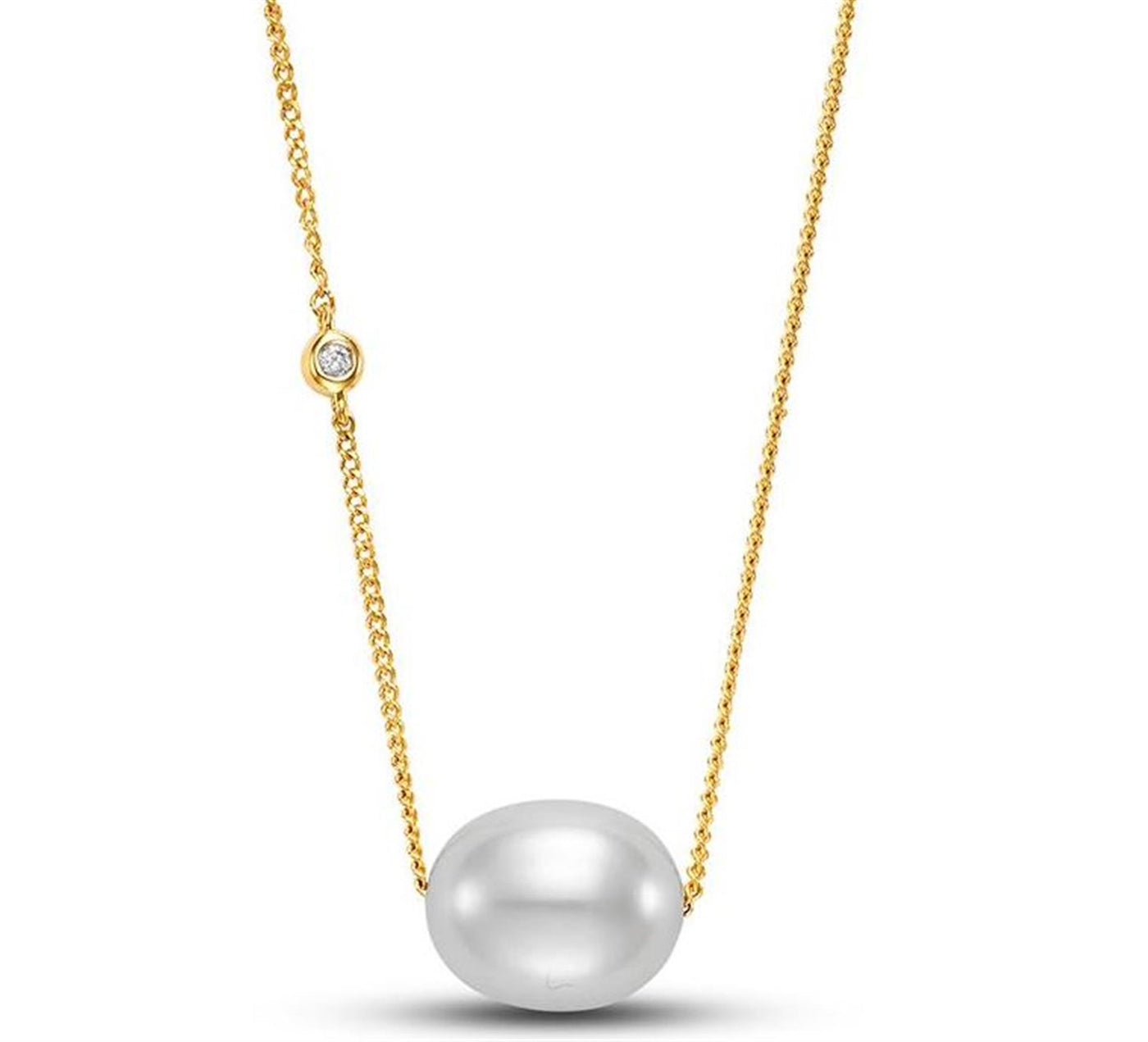 14K Yellow Gold 18" .01ctw Freshwater Pearl and Diamond Floating Necklace,