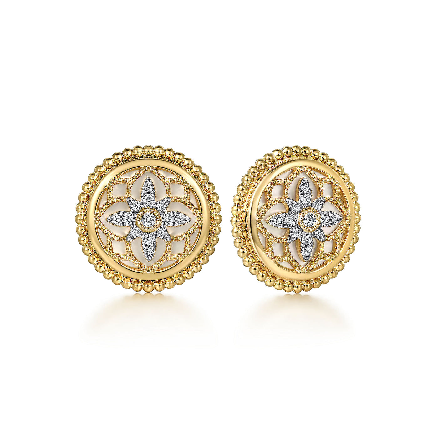 Gabriel 14K Yellow Gold 2.58ctw Stud Style Round Mother Of Pearl and Diamond Earrings